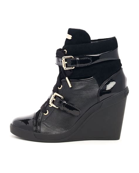 michael michael kors skid leather wedge bootie black|Michael Kors wedge rain boots.